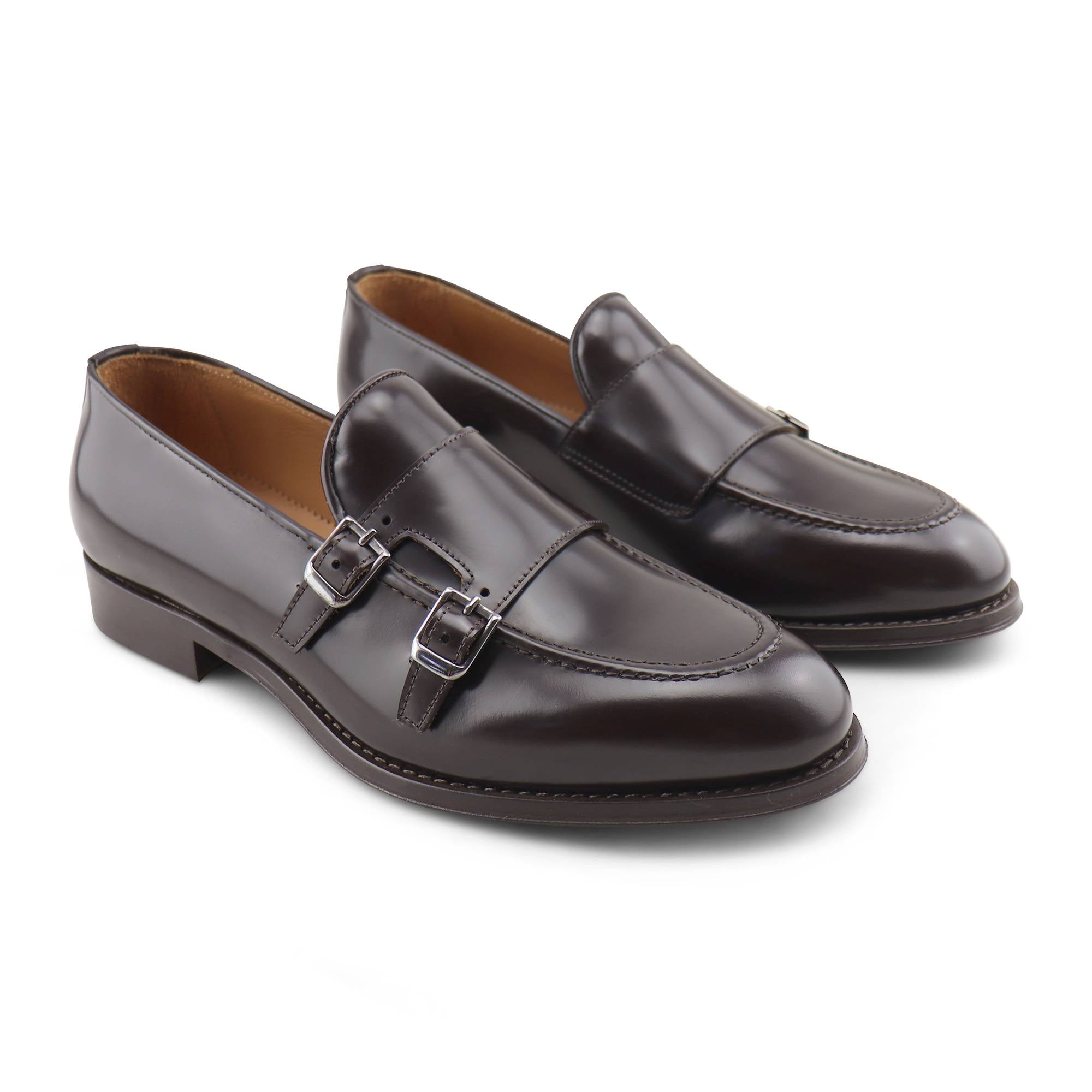 Double buckle in dark brown abraded leather