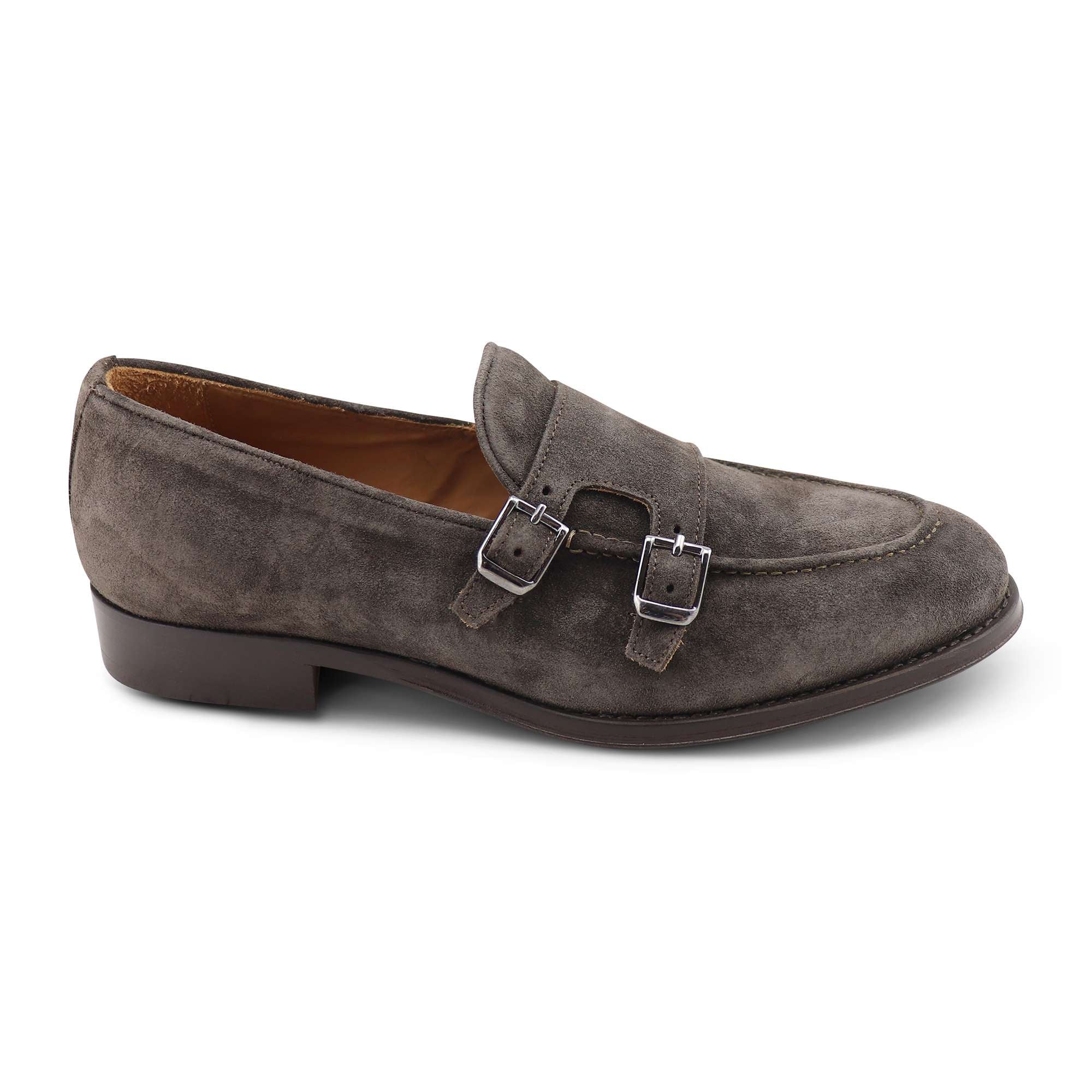 Double buckle dark brown suede