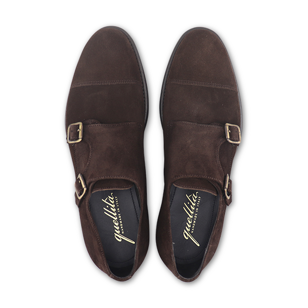 Double buckle dark brown suede