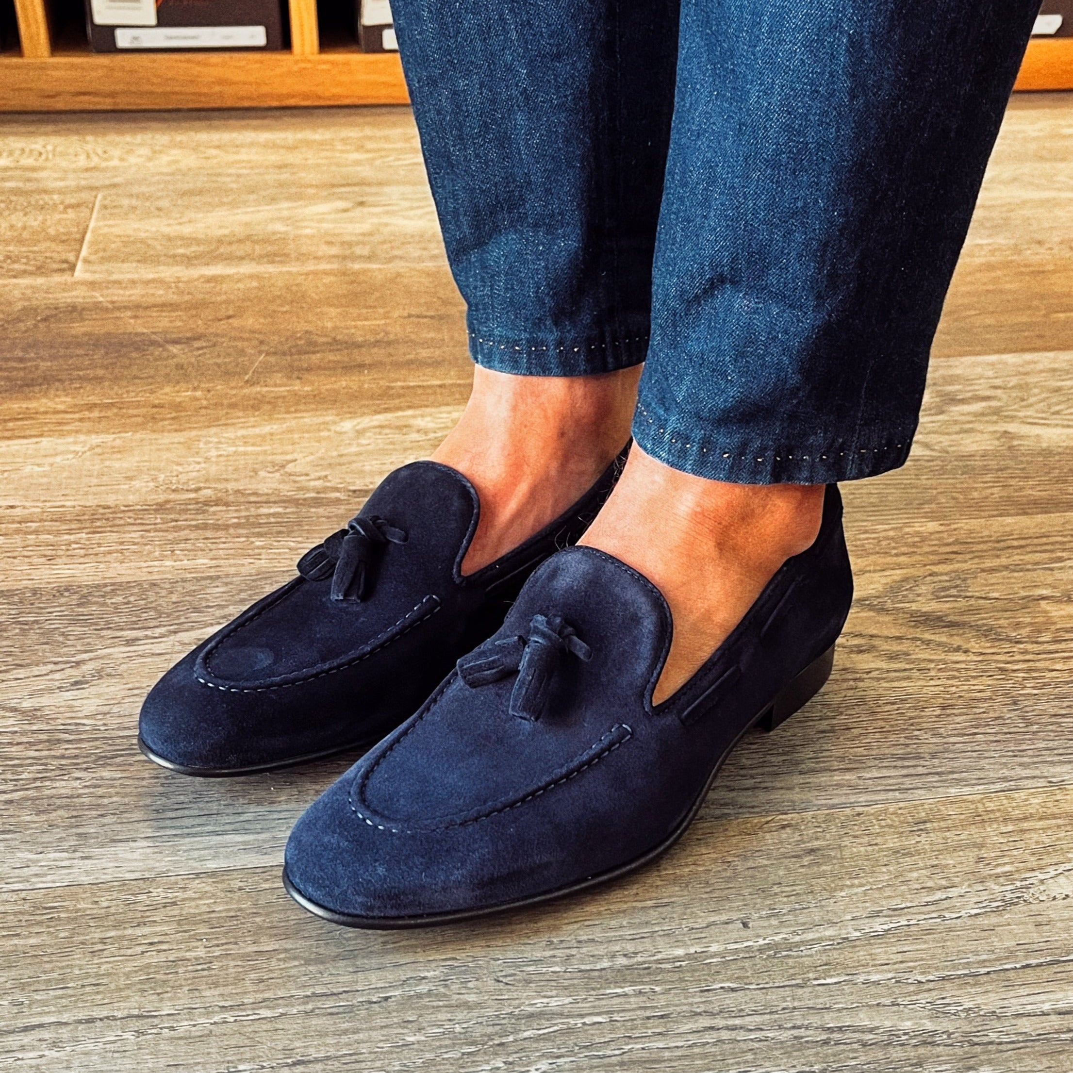 Blue suede slippers