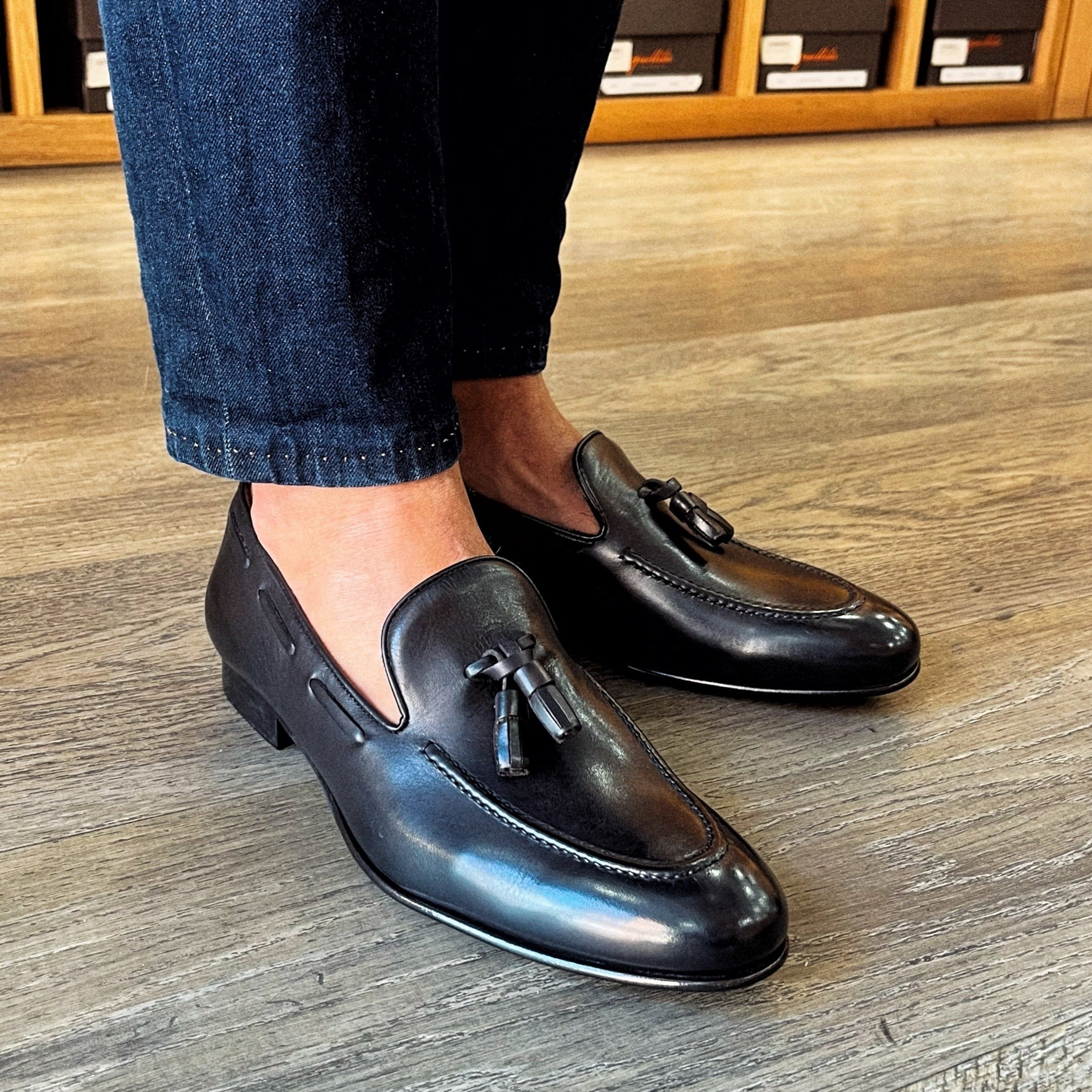 Black leather slippers