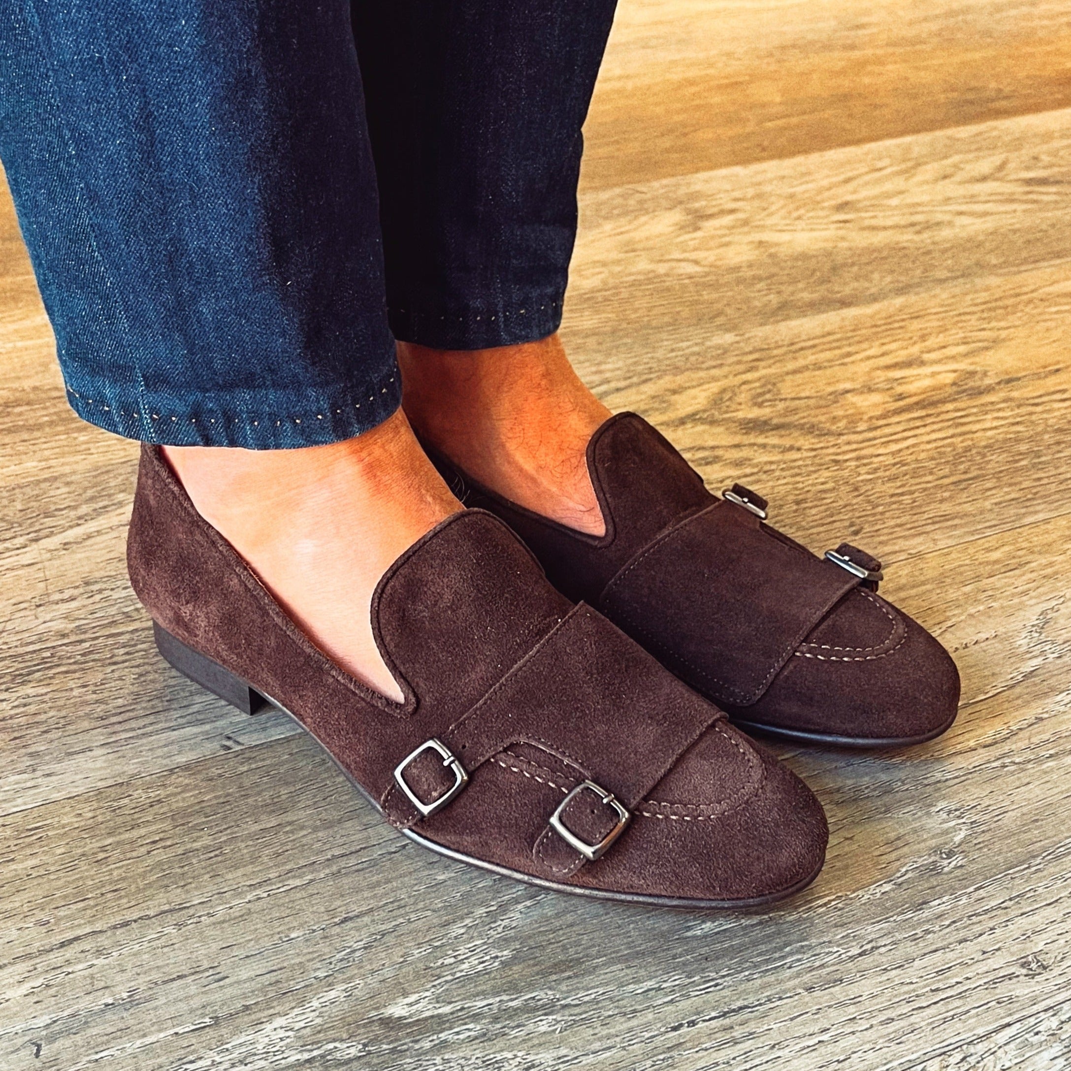 Brown suede buckle slippers