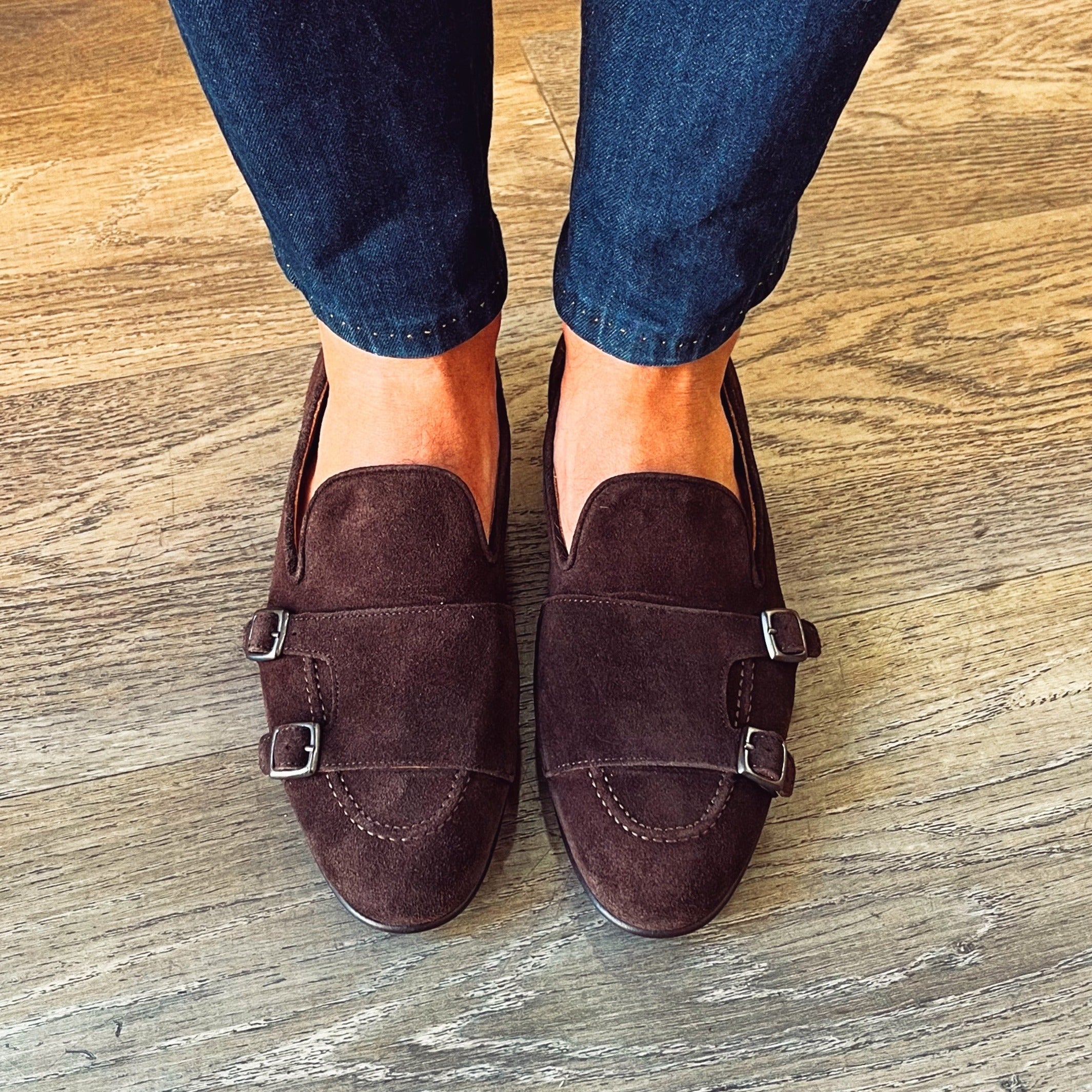 Brown suede buckle slippers