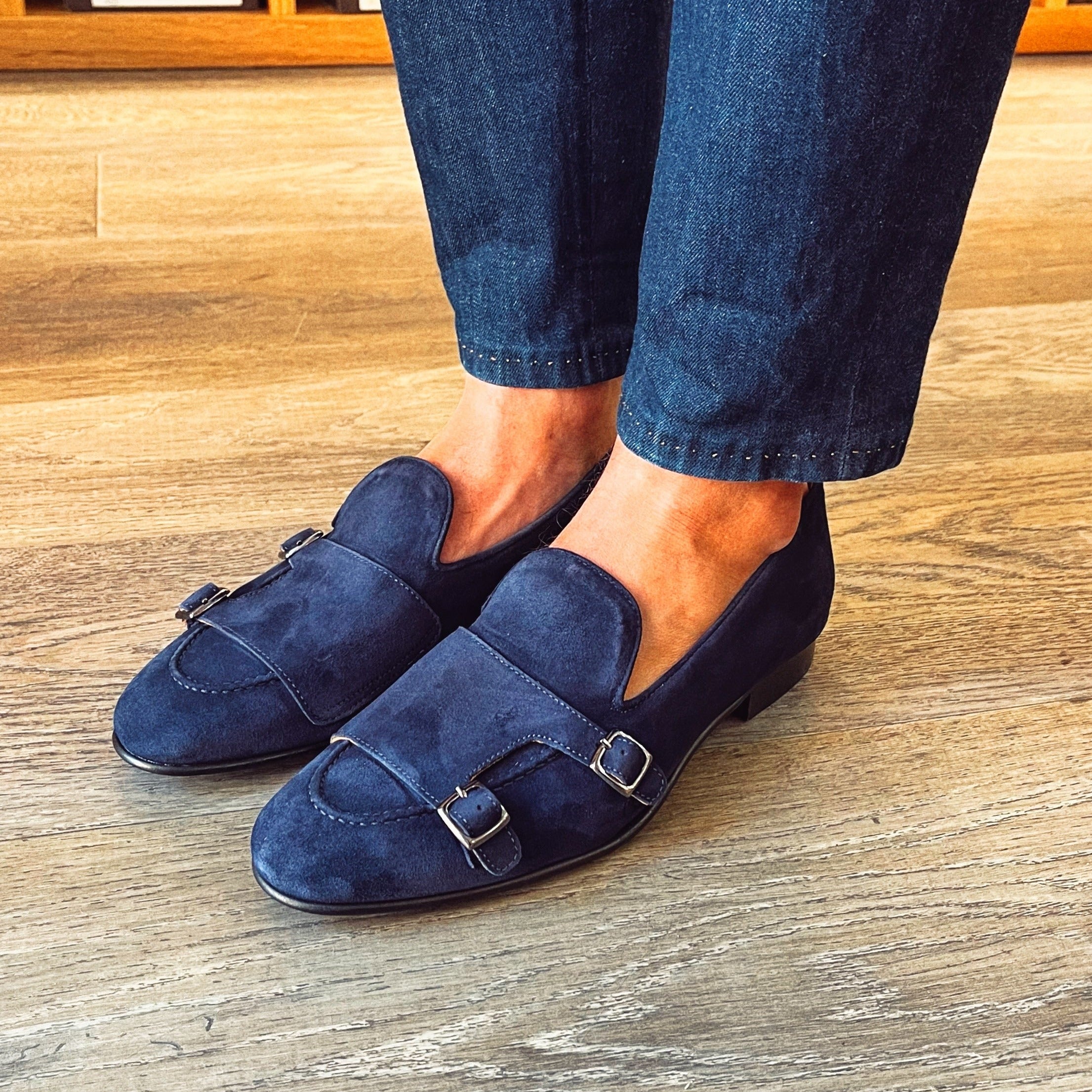 Blue Suede Buckle Slippers