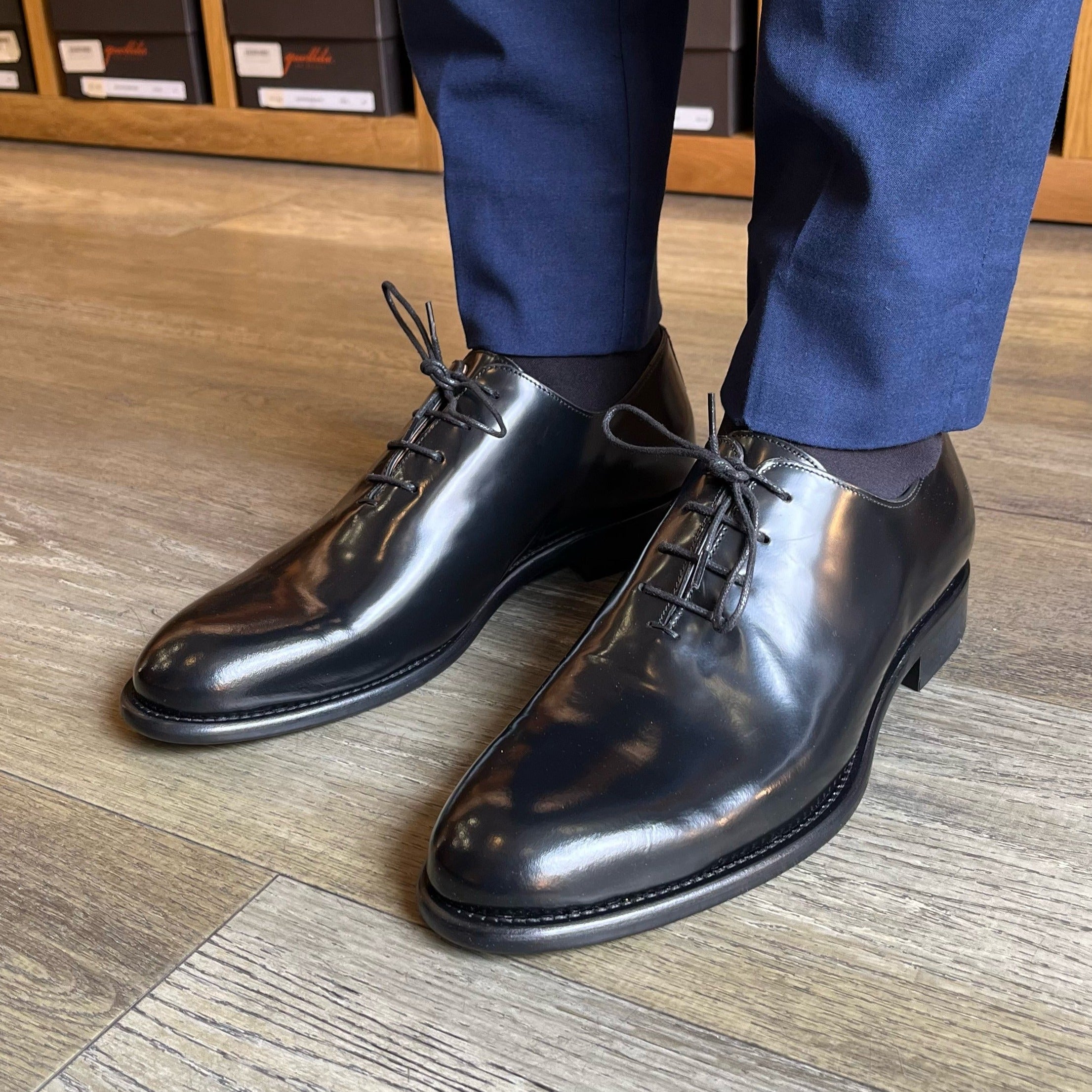 Black Oxfords in brushed leather