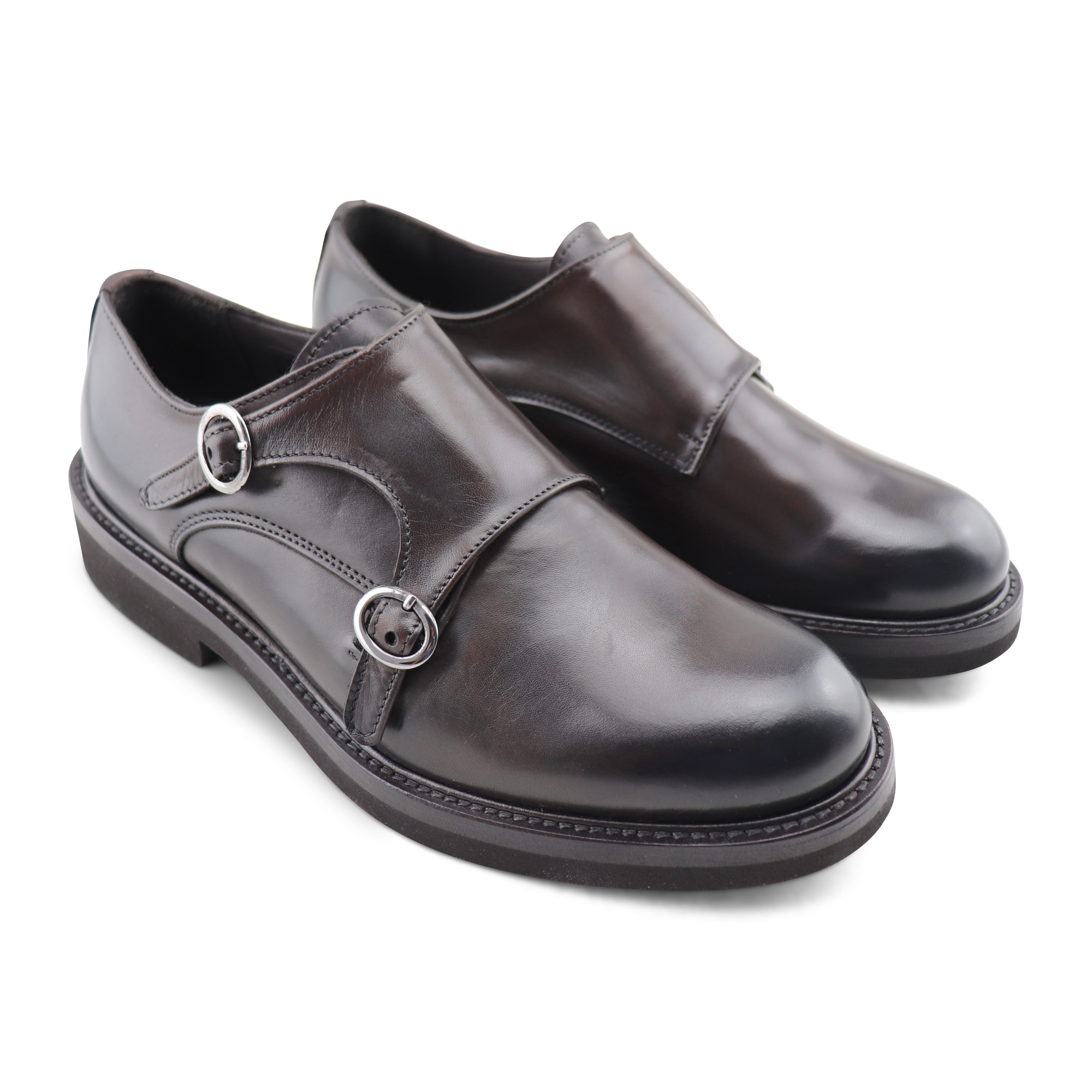 Double buckle dark brown leather
