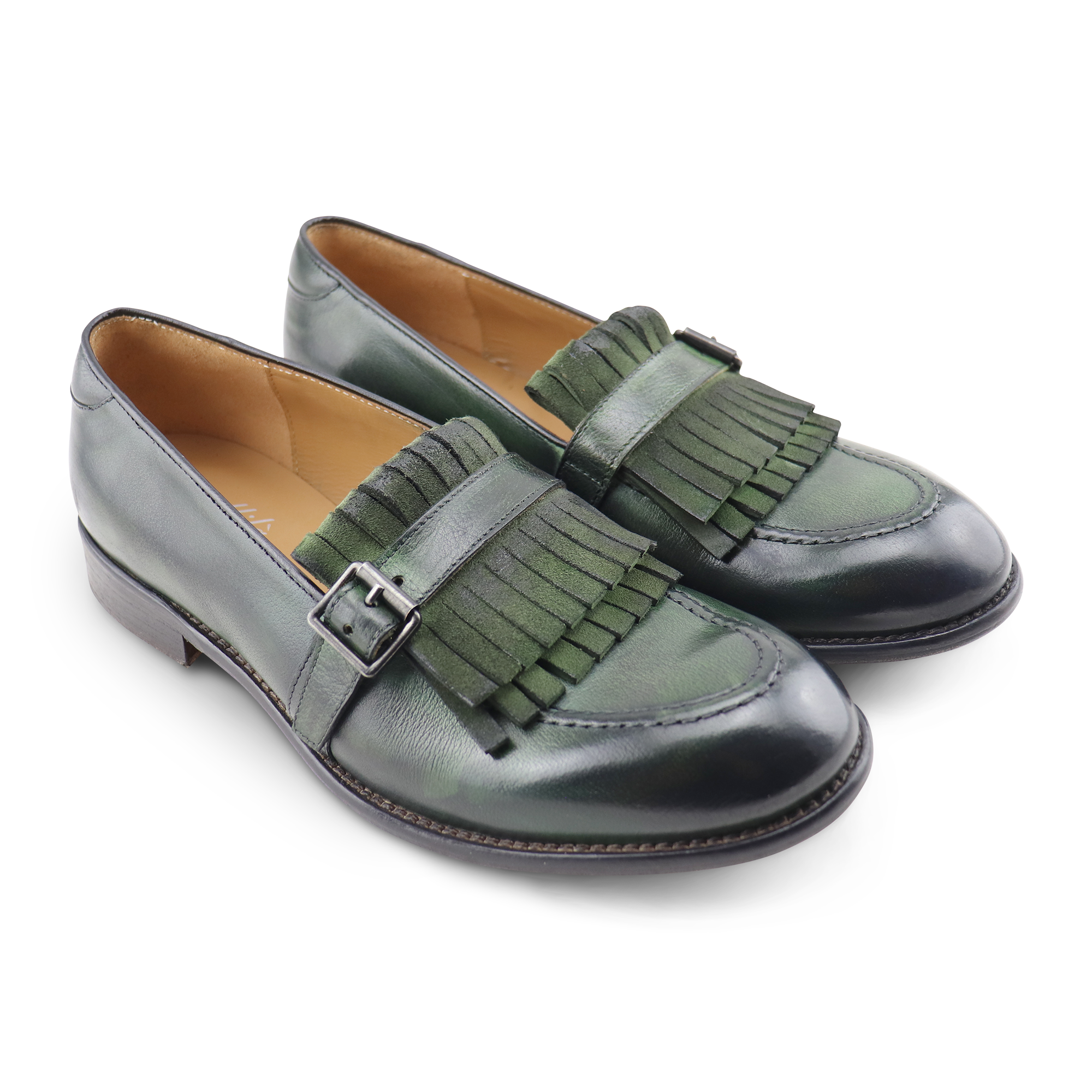 Green buffalo buckle and fringe