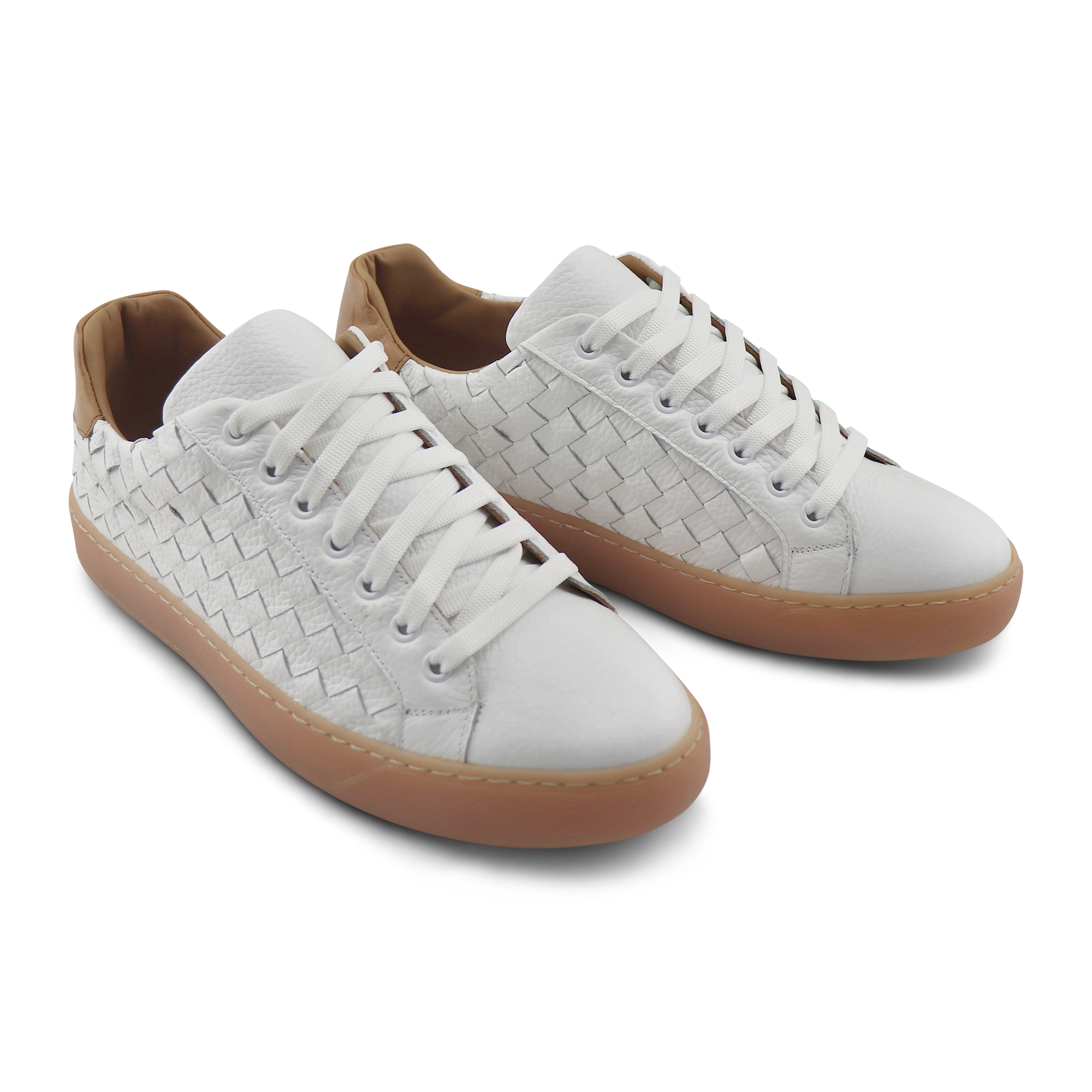 Sneakers bianca e cuoio in pelle intrecciata