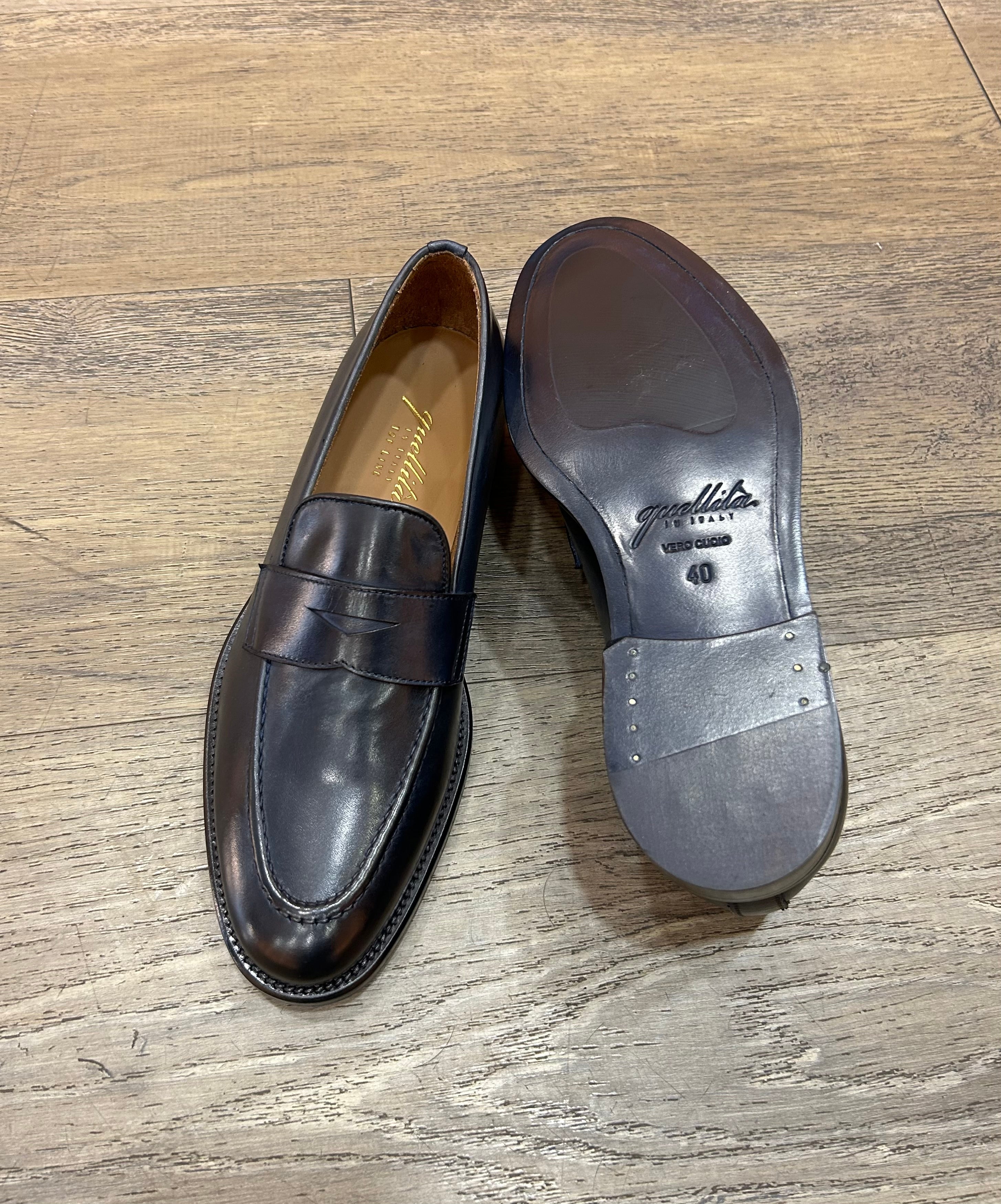 Blue leather moccasins