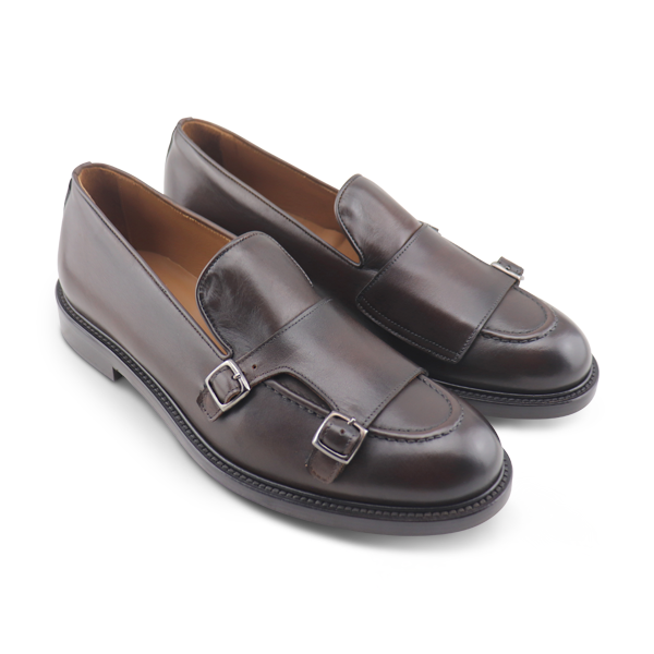 Double buckle dark brown leather