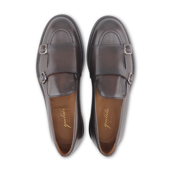 Double buckle dark brown leather