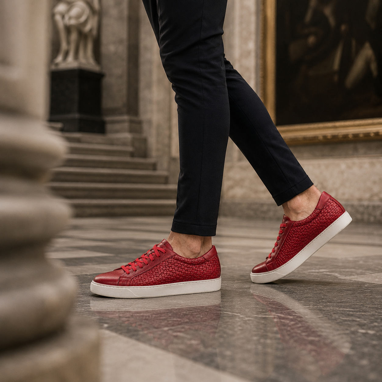 Red woven leather sneakers