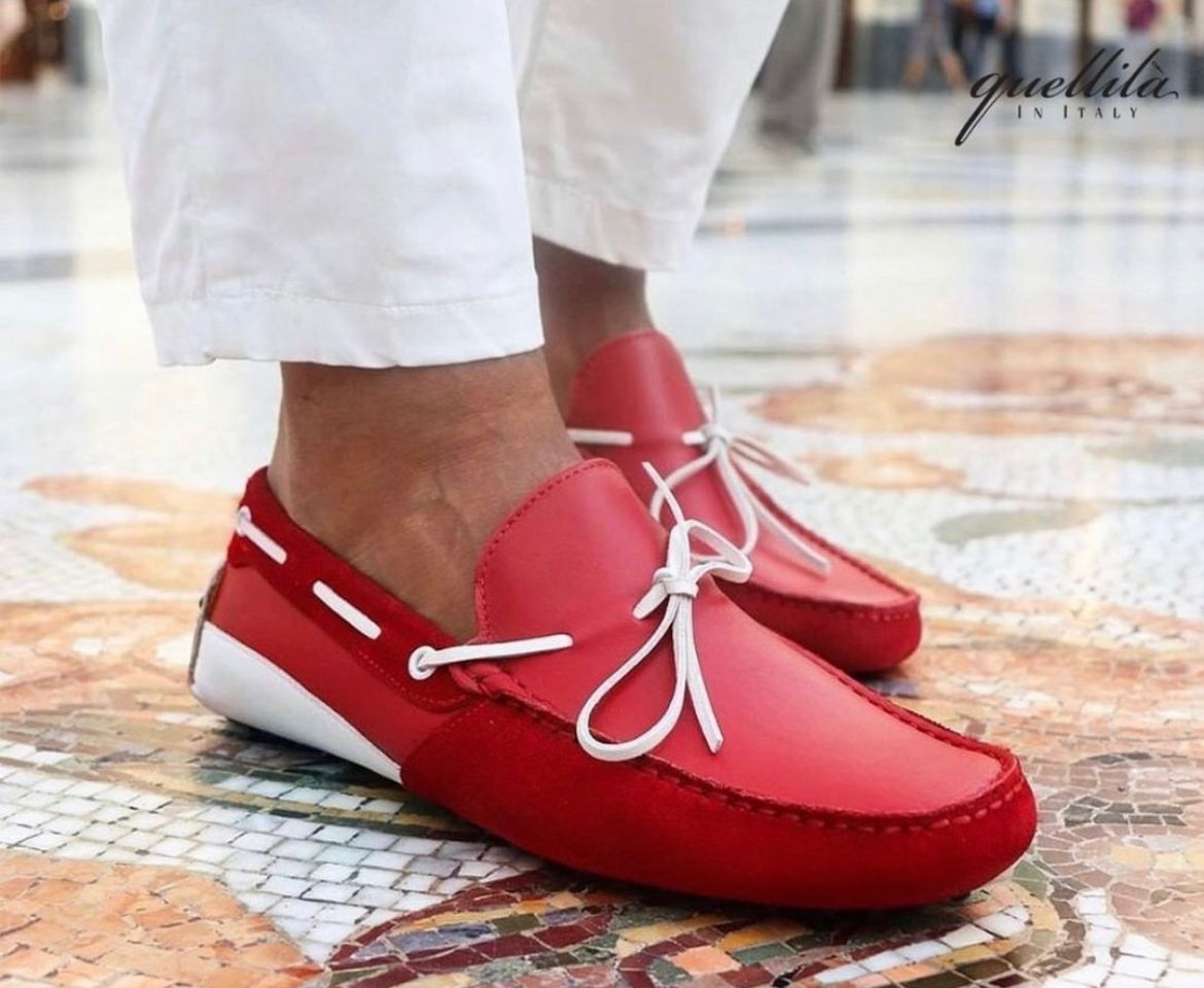 Red moccasins with rubber in leather and suede