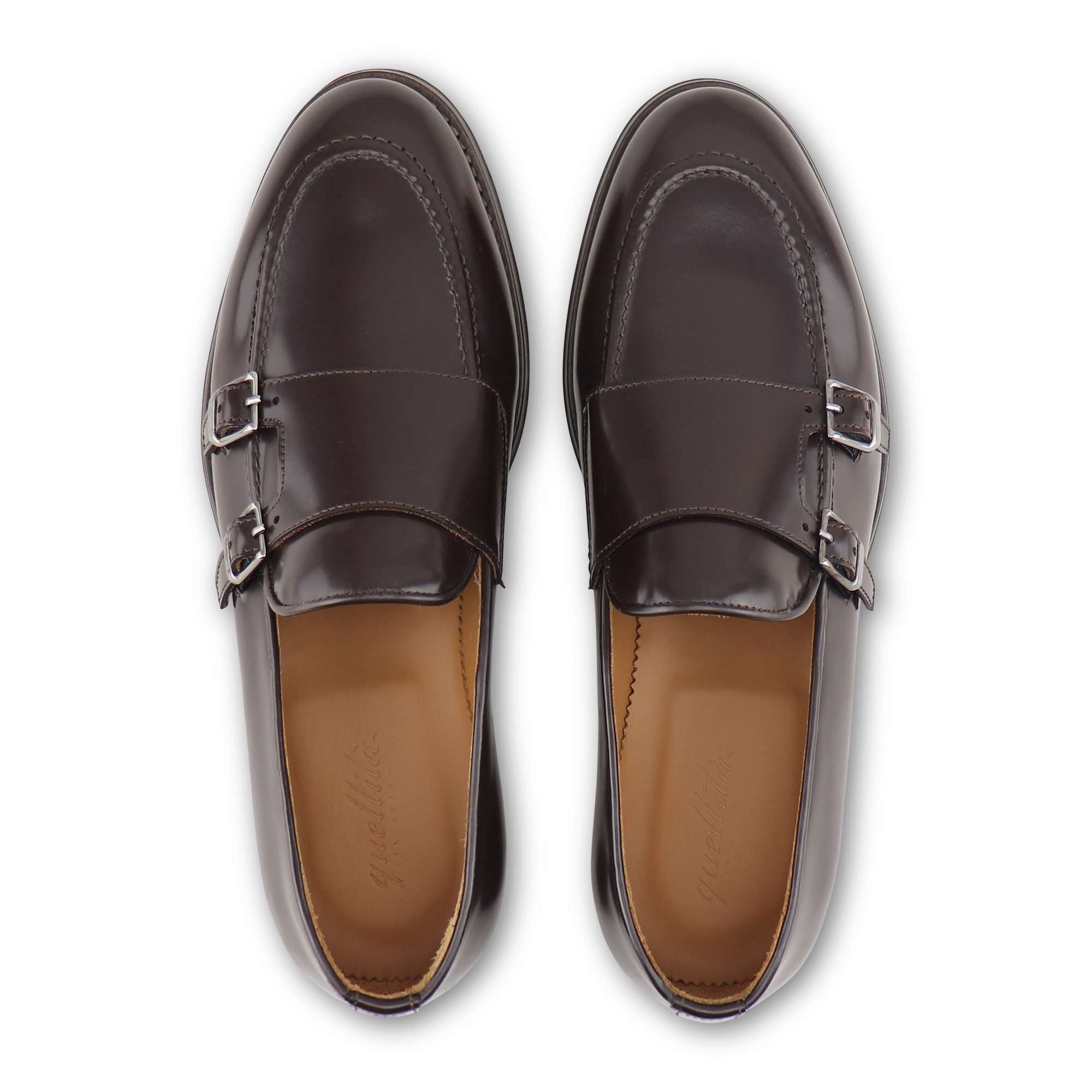 Double buckle in dark brown abraded leather