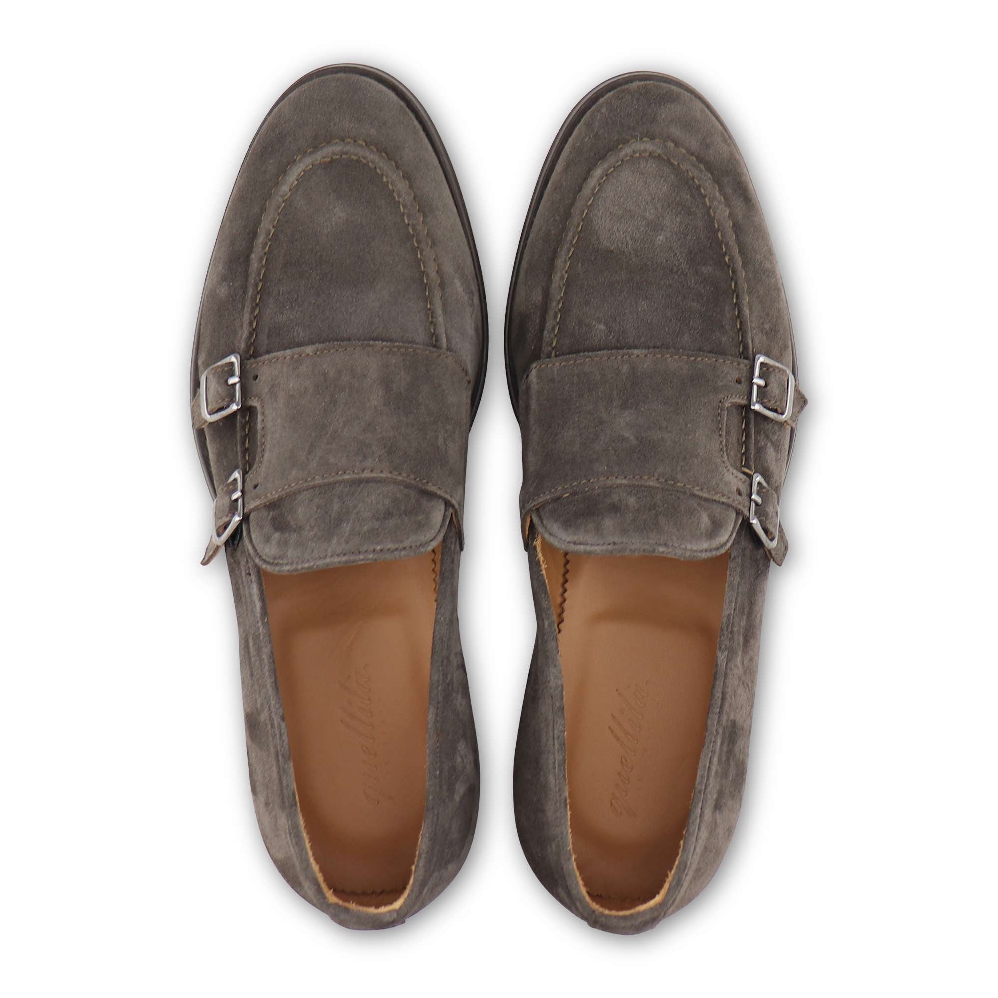 Double buckle dark brown suede