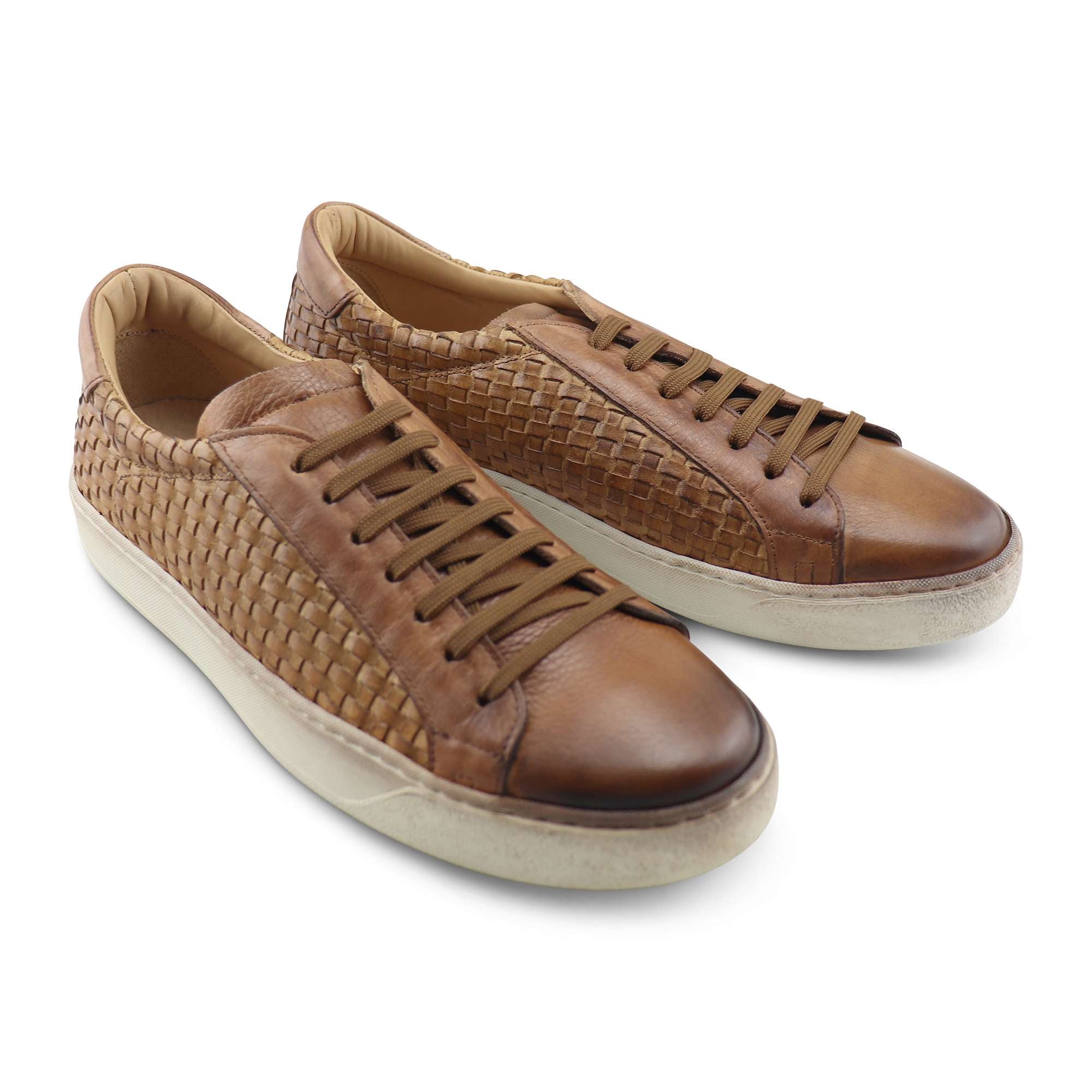 Sneakers in pelle intrecciata cuoio