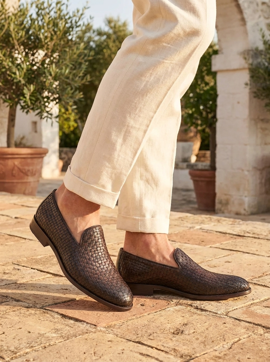 Dark brown woven leather loafers