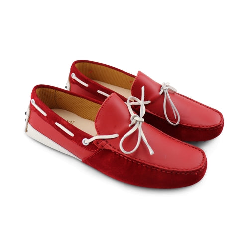 Red moccasins with rubber in leather and suede