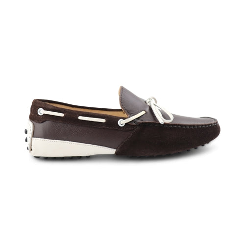 Moccasins with rubber studs in leather and dark brown suede