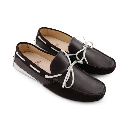 Moccasins with rubber studs in leather and dark brown suede