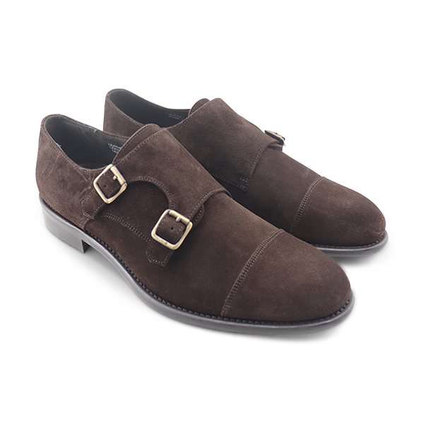 Double buckle dark brown suede