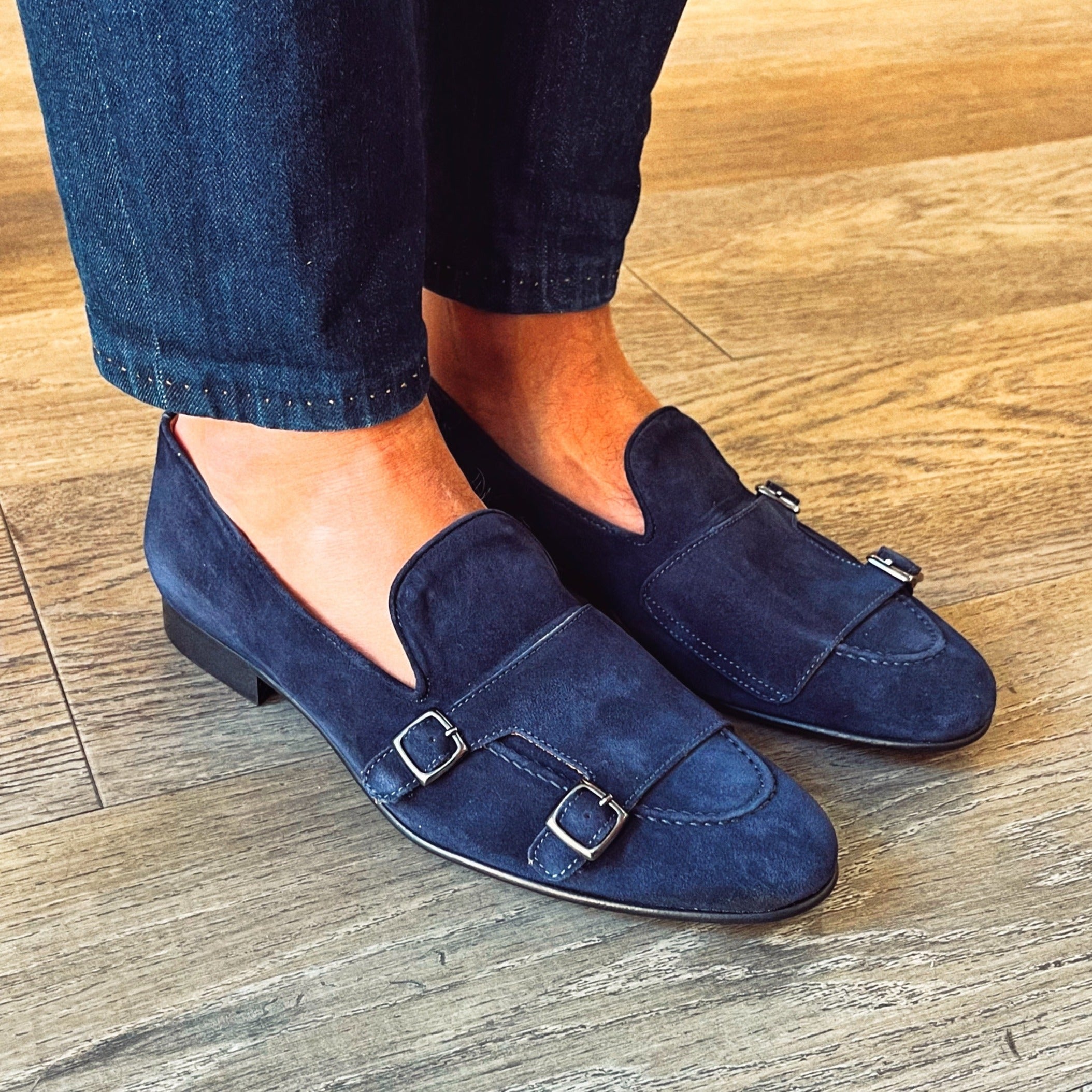 Blue Suede Buckle Slippers