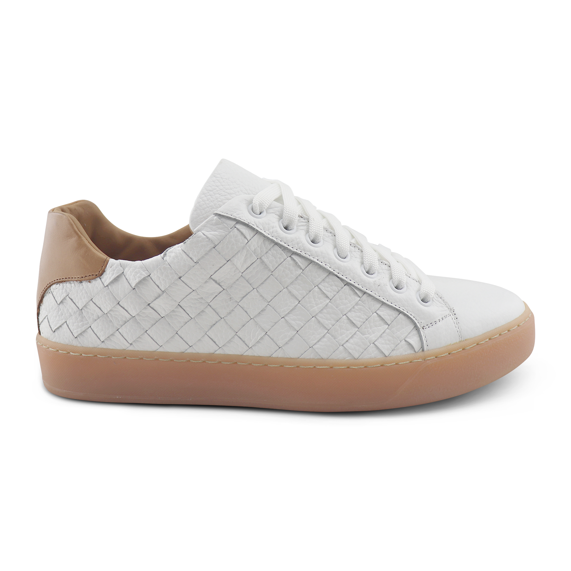 Sneakers bianca e cuoio in pelle intrecciata