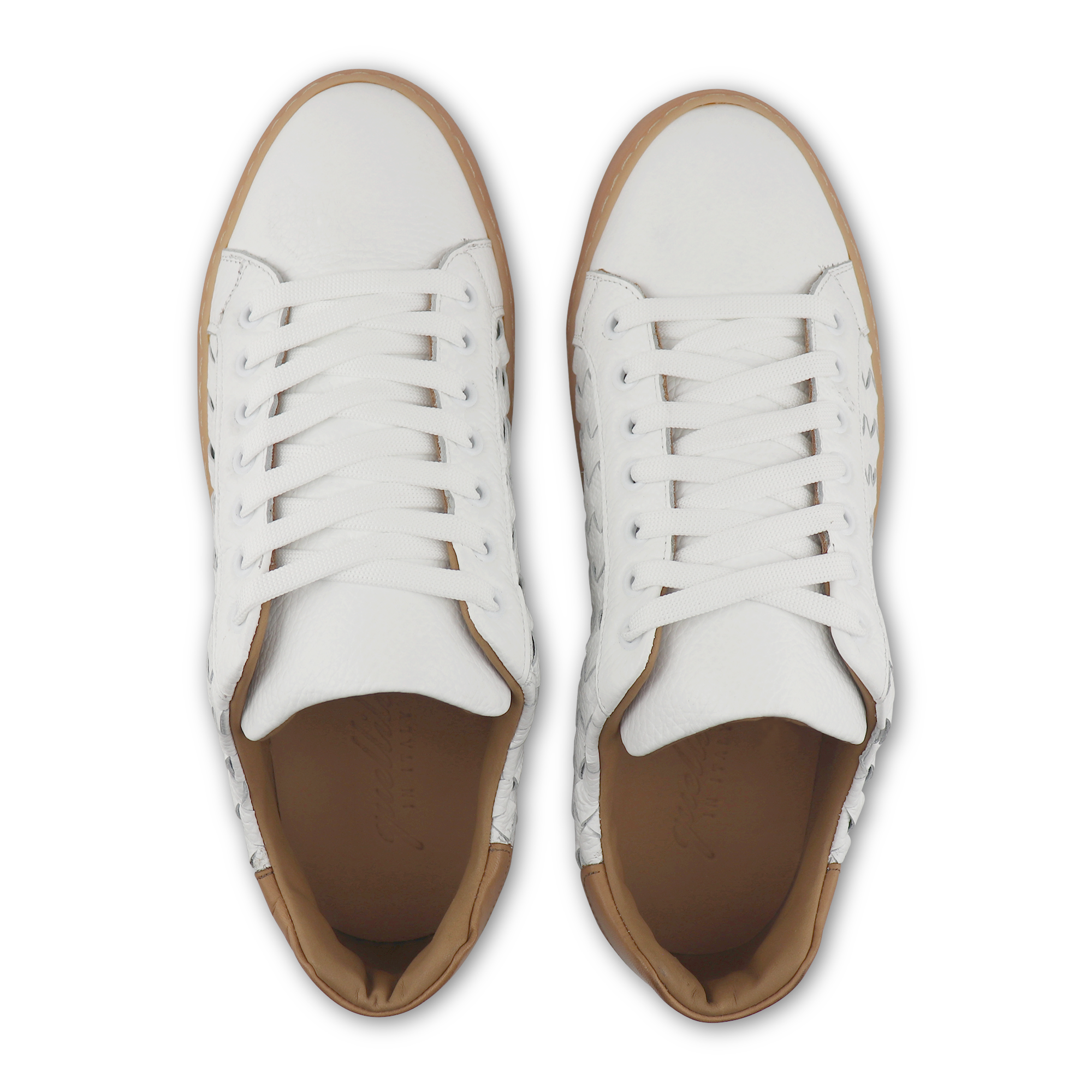 White and tan woven leather sneakers