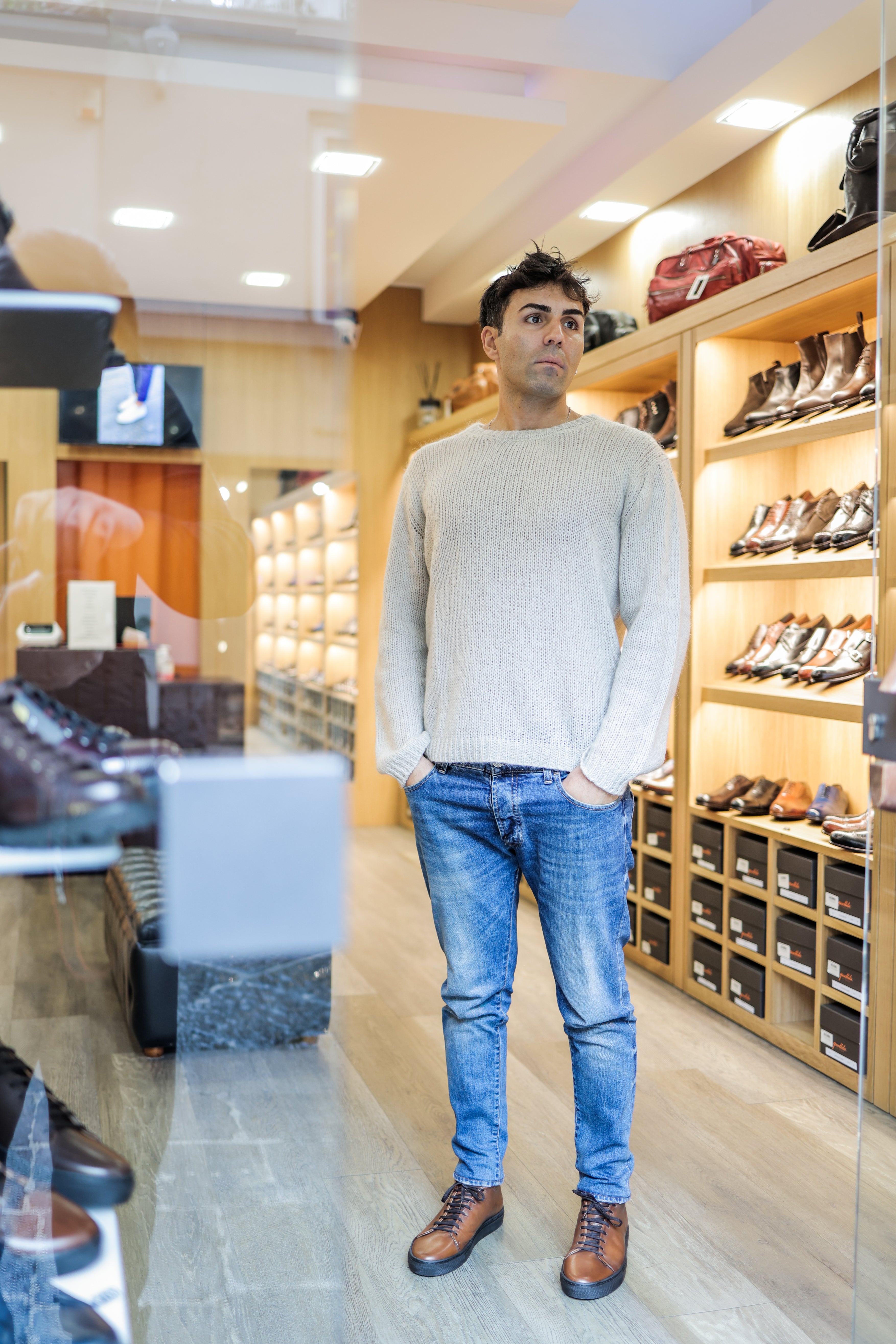 Light brown leather high-top sneakers