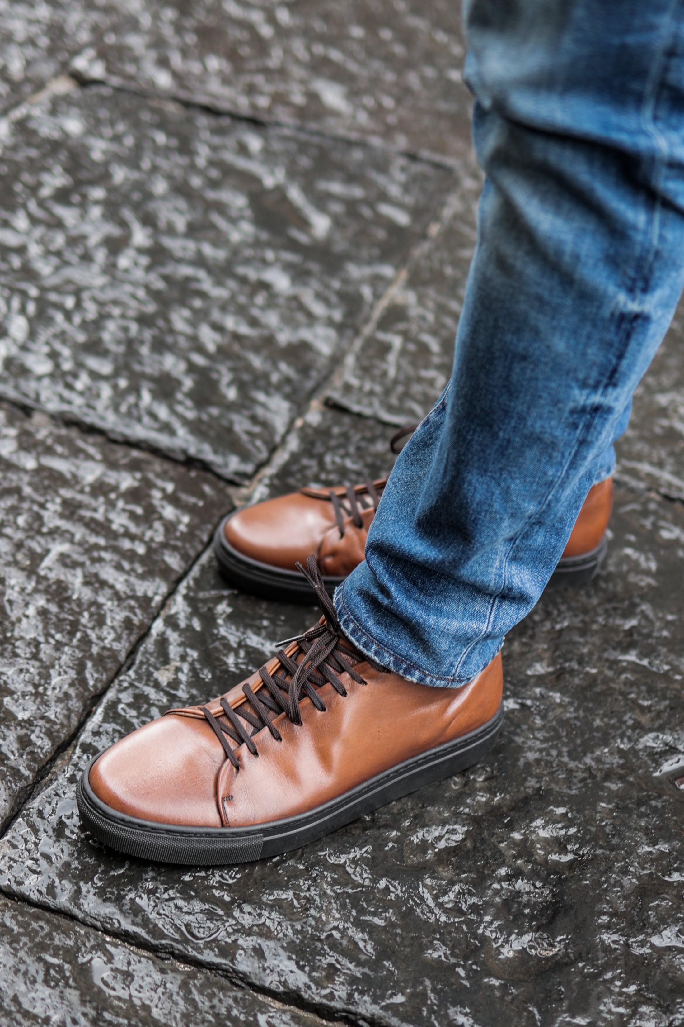 Light brown leather high-top sneakers