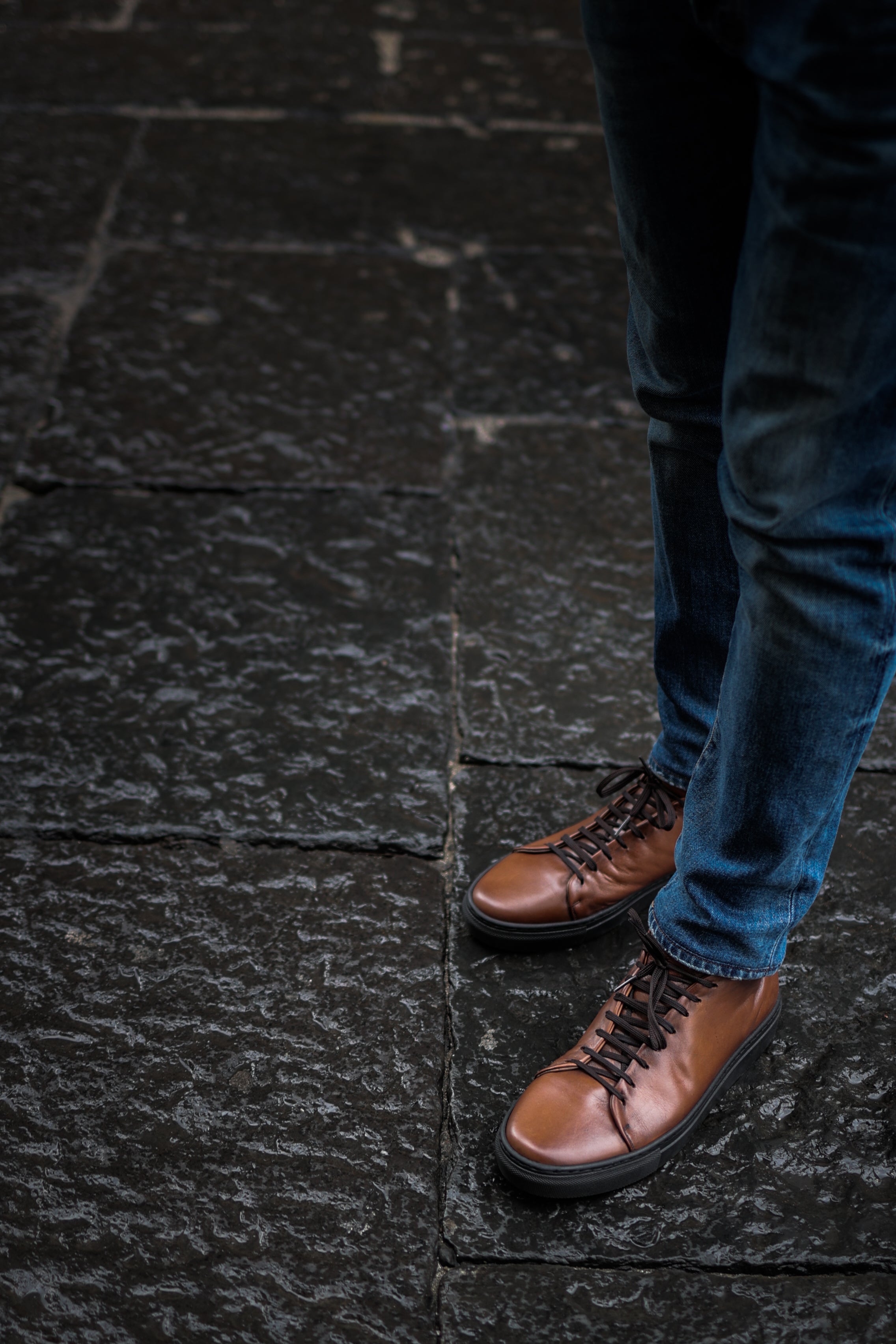 Light brown leather high-top sneakers