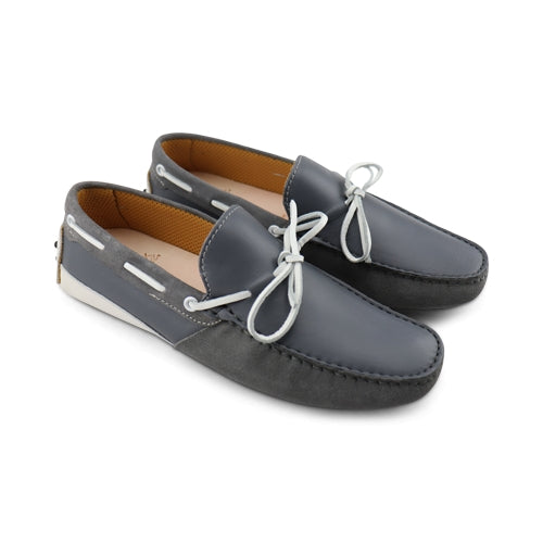 Mocassini con gommini in pelle e camoscio grigio